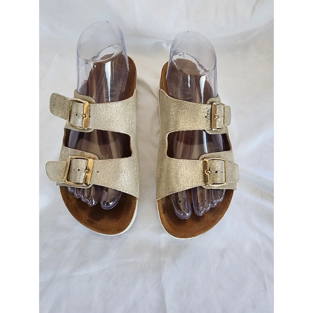 Plakton Bios Gold Metallic Glitter Platform Sandals Spain Buckle‎ Slides  38/7.5